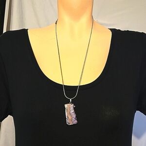 Vintage Korean silver plate raw amethyst pendant necklace.